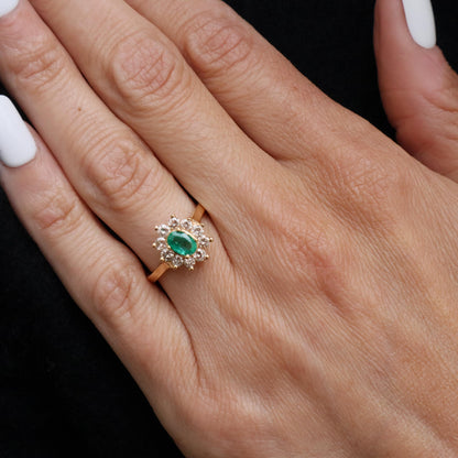Vintage Emerald Diamond 14k Yellow Gold Cluster Ring