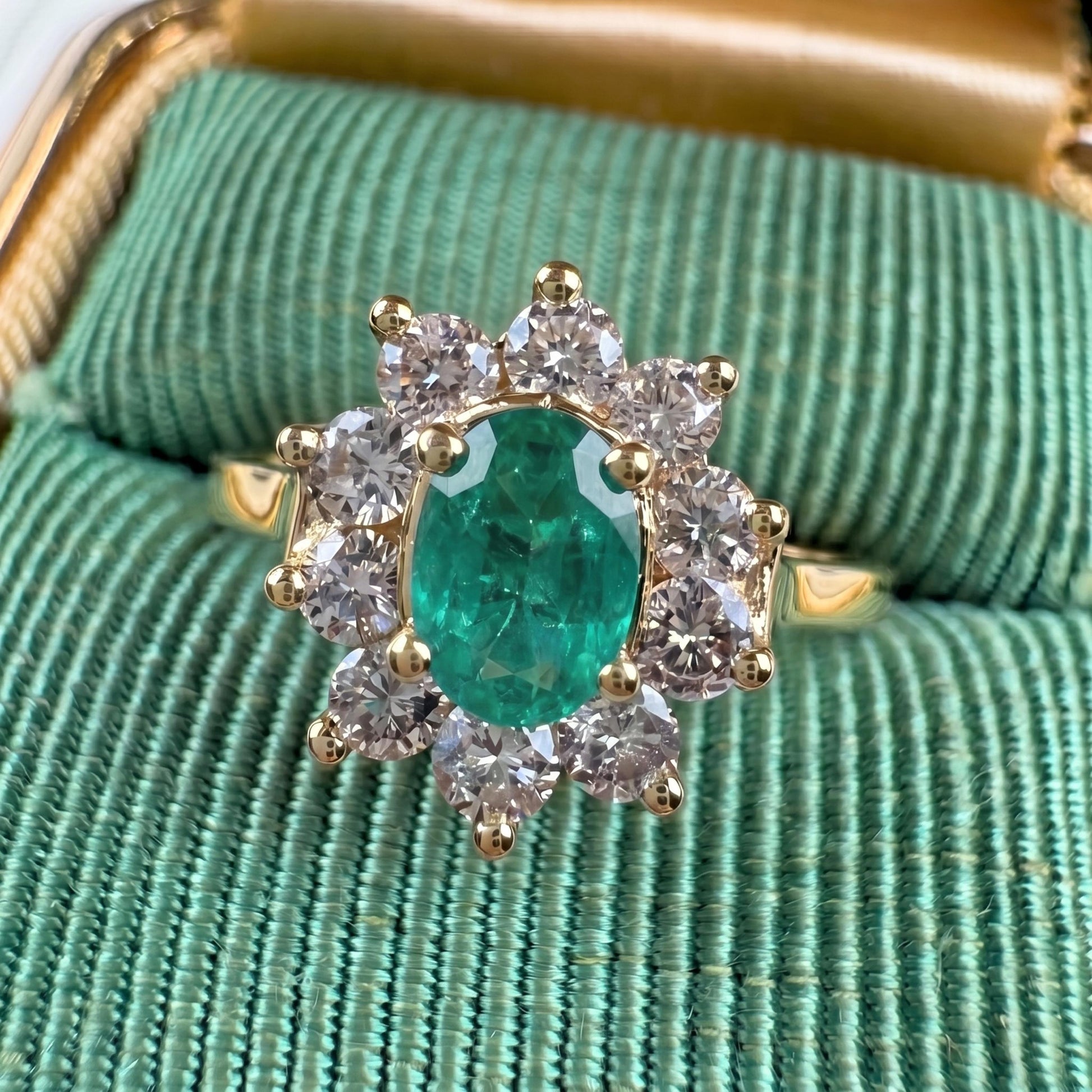 Vintage Emerald Diamond 14k Yellow Gold Cluster Ring