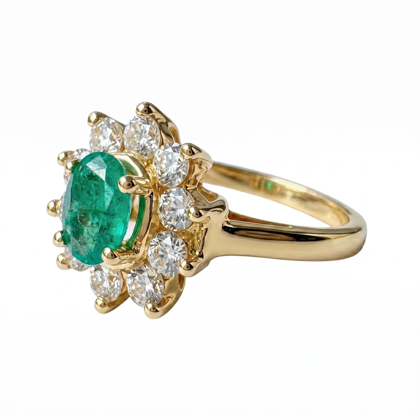 Vintage Emerald Diamond 14k Yellow Gold Cluster Ring
