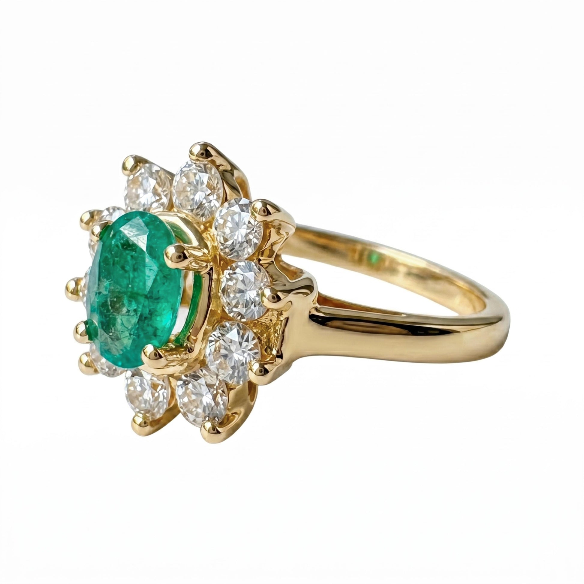Vintage Emerald Diamond 14k Yellow Gold Cluster Ring