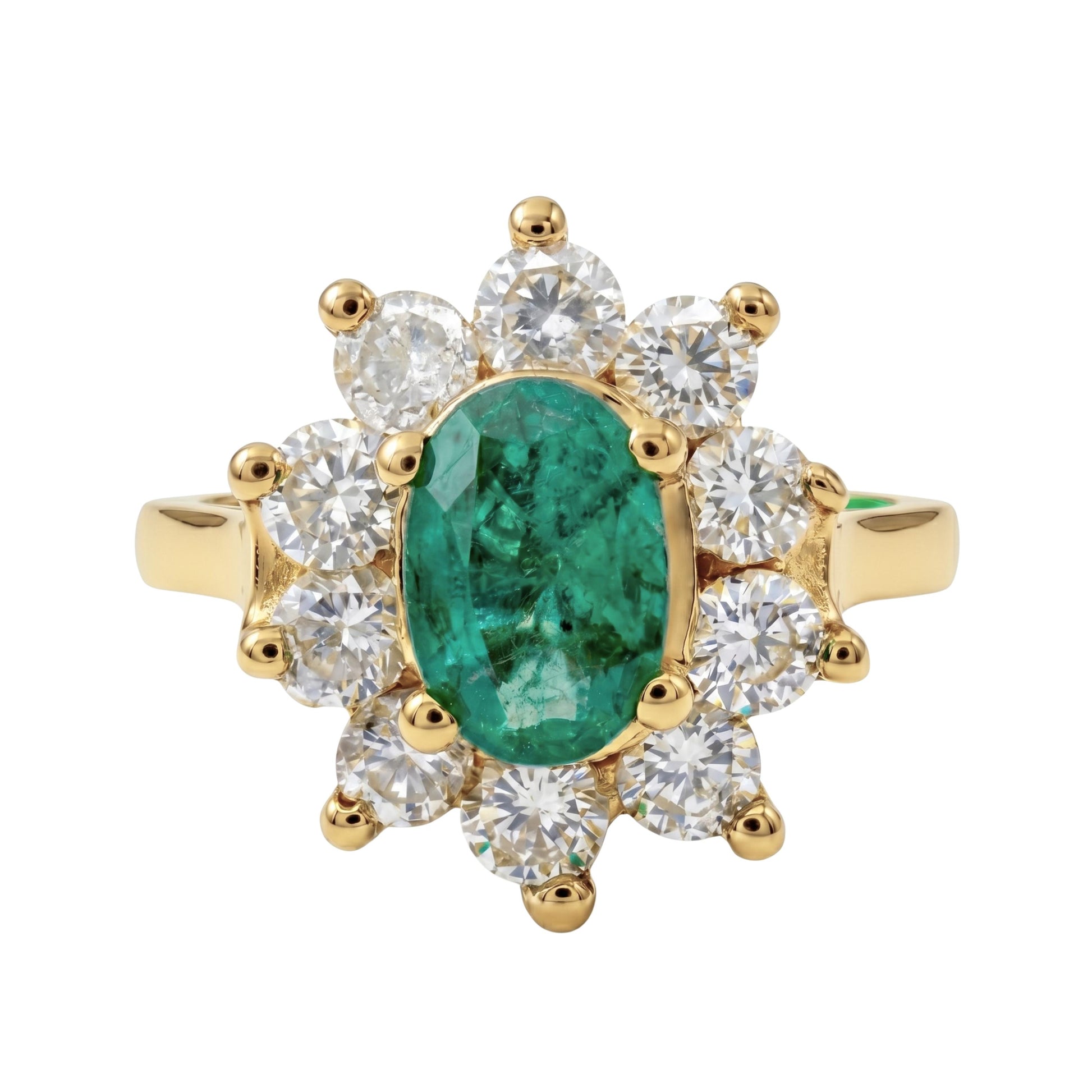 Vintage Emerald Diamond 14k Yellow Gold Cluster Ring