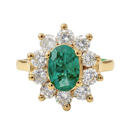 Vintage Emerald Diamond 14k Yellow Gold Cluster Ring