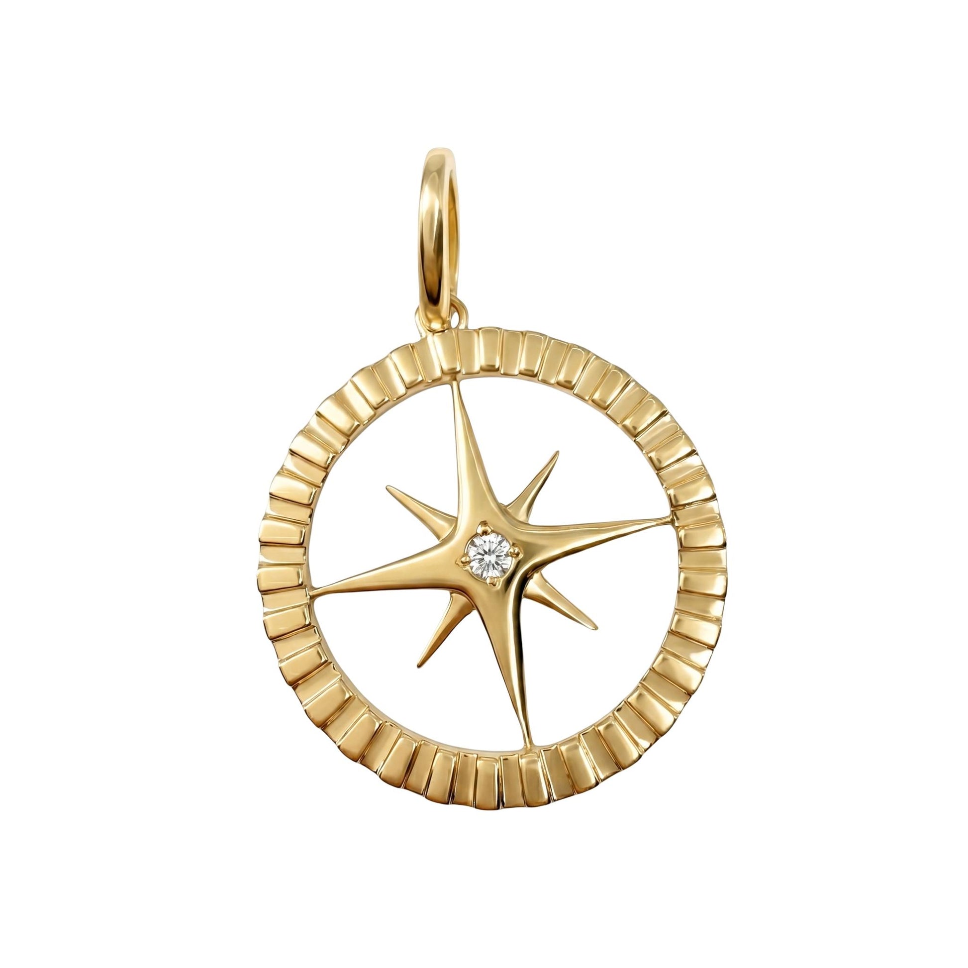 Contemporary Diamond 14k Yellow Gold Compass Pendant
