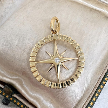 Contemporary Diamond 14k Yellow Gold Compass Pendant
