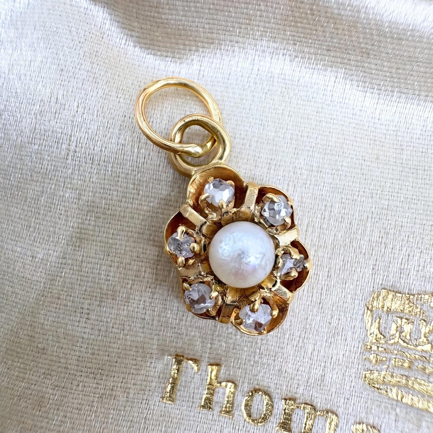 Victorian Pearl Diamond 14k Yellow Gold Flower Charm