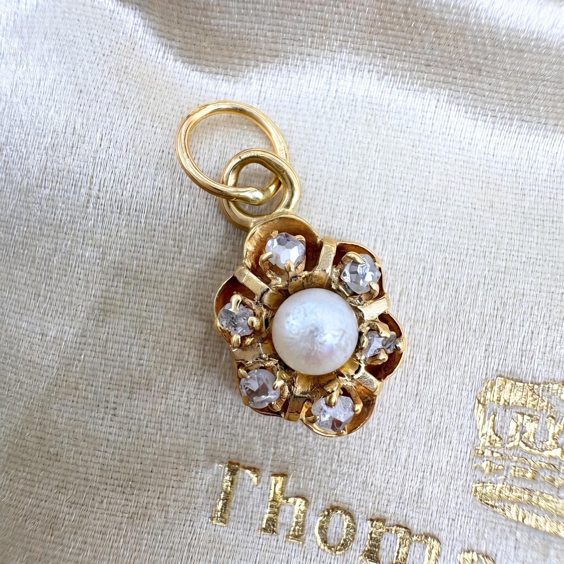 Victorian Pearl Diamond 14k Yellow Gold Flower Charm