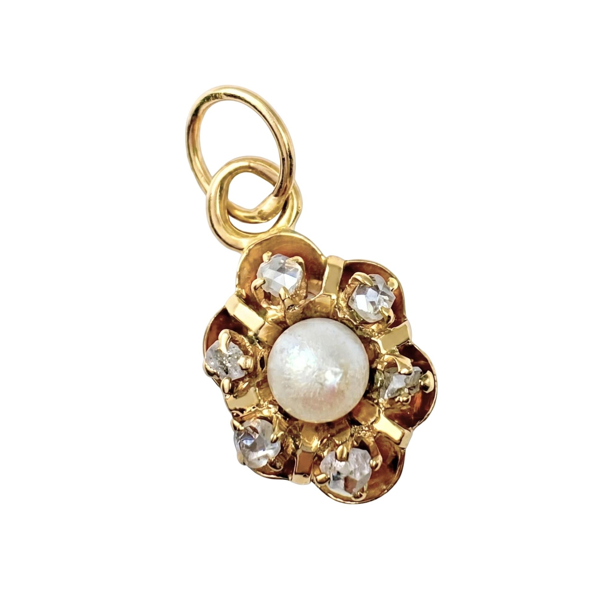 Victorian Pearl Diamond 14k Yellow Gold Flower Charm