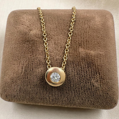 Vintage Italian Diamond 14k Yellow Gold Bezel Pendant Necklace