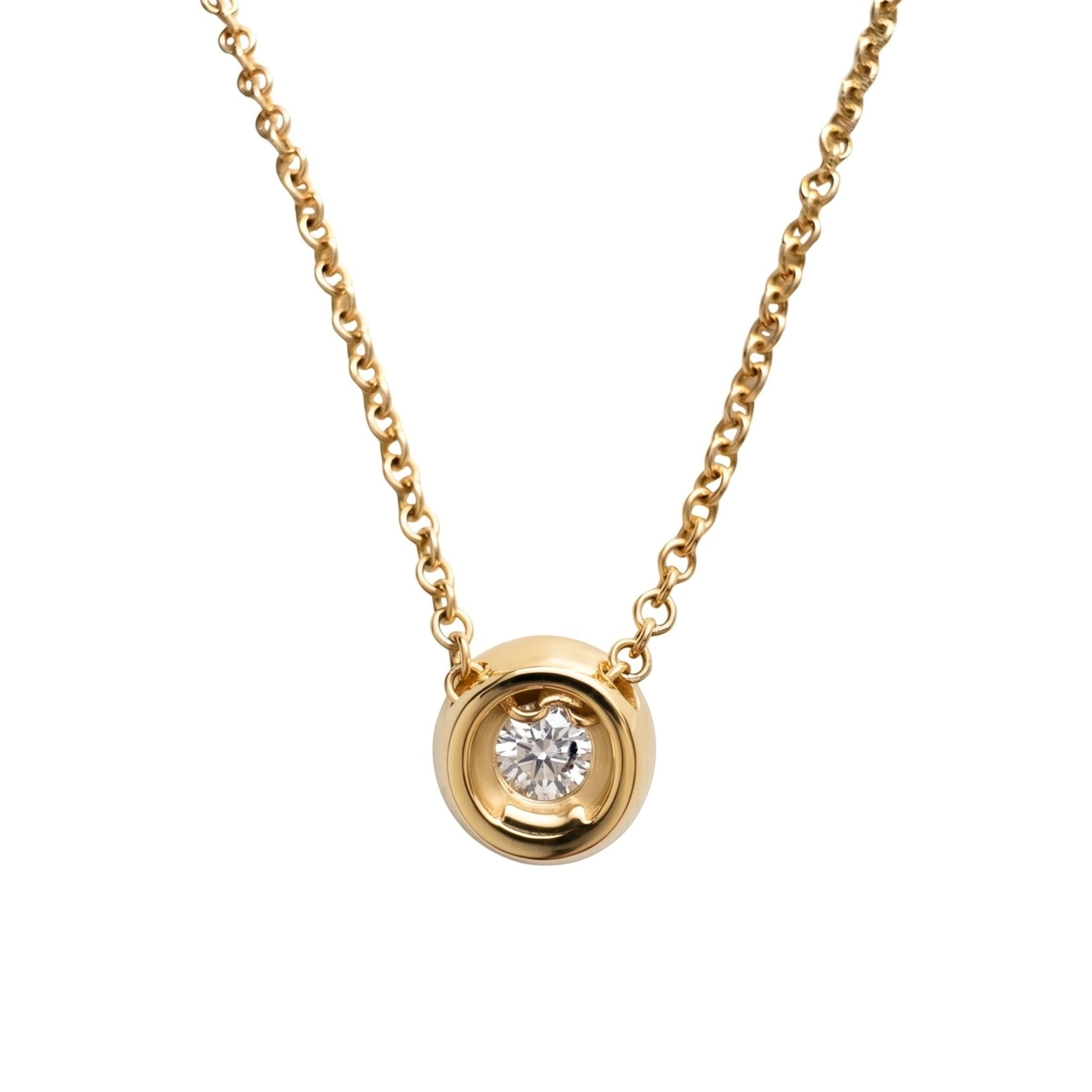 Vintage Italian Diamond 14k Yellow Gold Bezel Pendant Necklace