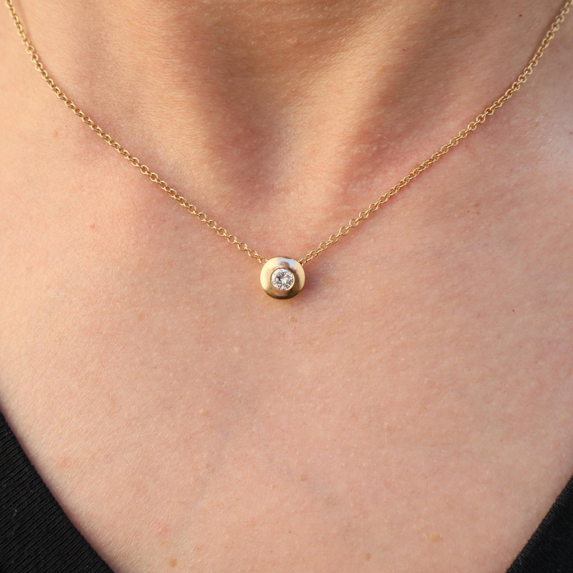 Vintage Italian Diamond 14k Yellow Gold Bezel Pendant Necklace