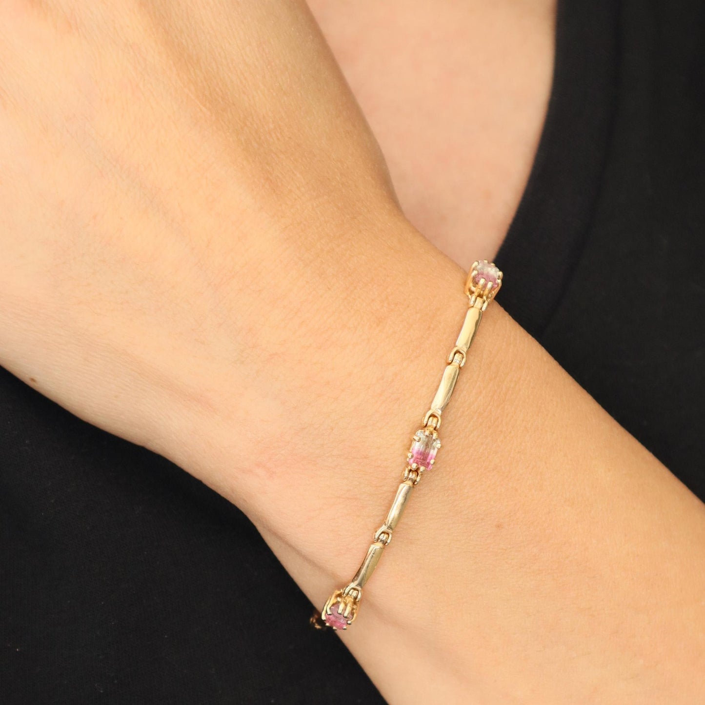 Vintage Watermelon Tourmaline 14k Yellow Gold Station Bracelet