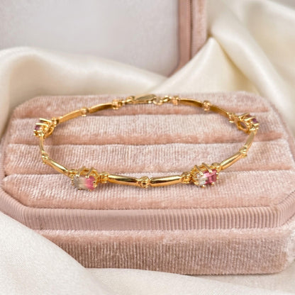 Vintage Watermelon Tourmaline 14k Yellow Gold Station Bracelet