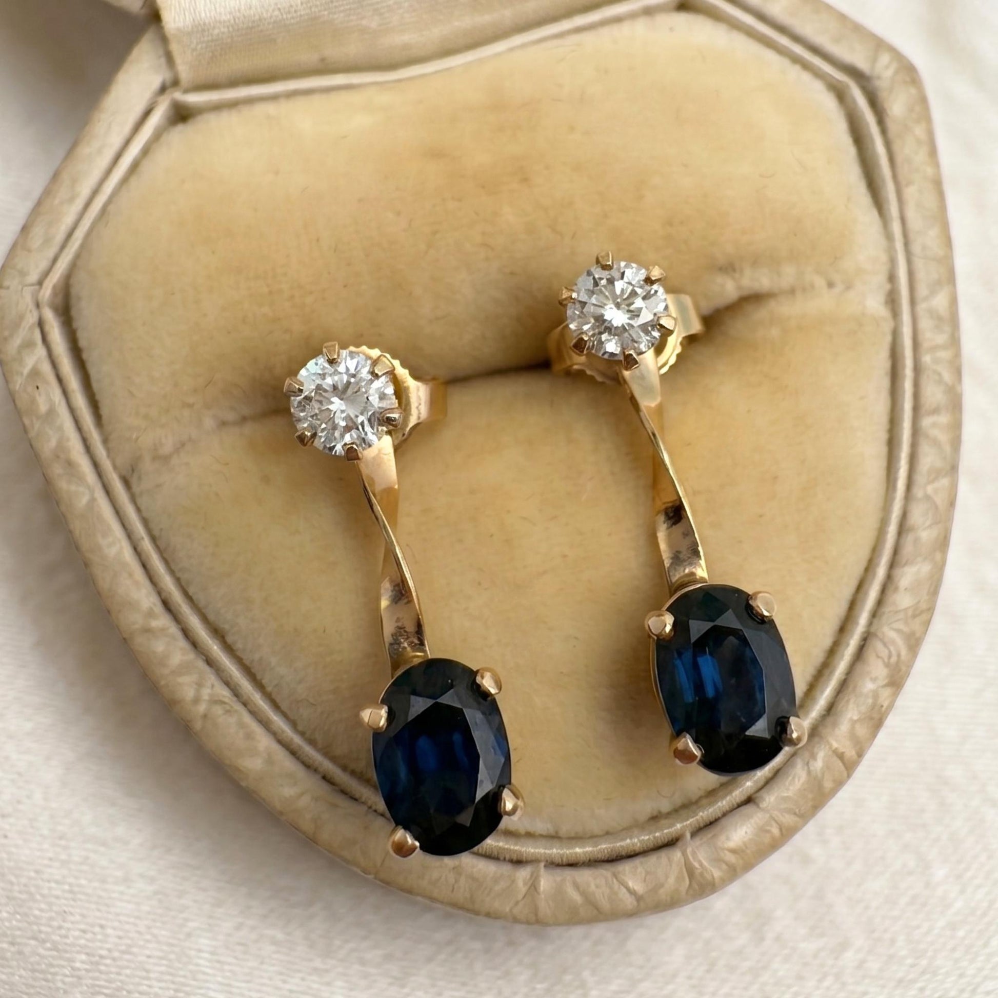 Vintage Sapphire Diamond 14k Yellow Gold Convertible Earrings