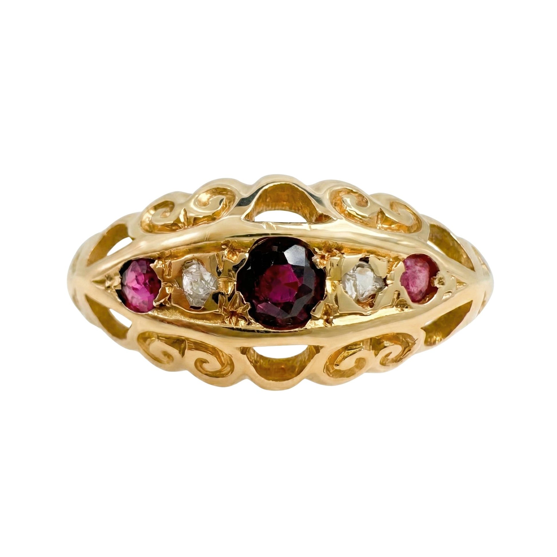 Antique English Ruby Diamond 18k Yellow Gold Boat Ring