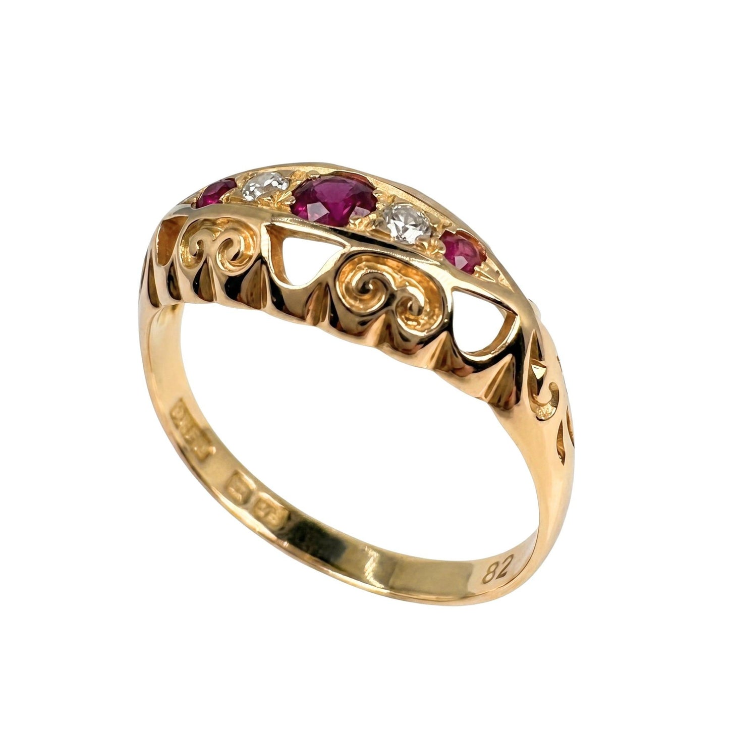 Antique English Ruby Diamond 18k Yellow Gold Boat Ring