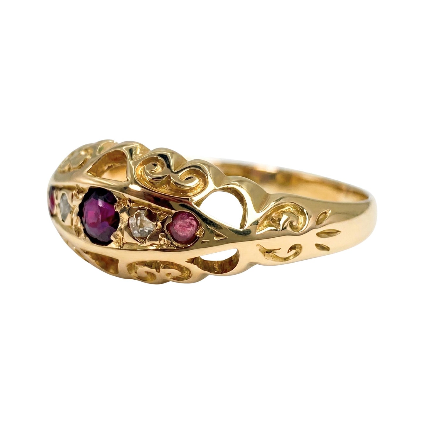 Antique English Ruby Diamond 18k Yellow Gold Boat Ring