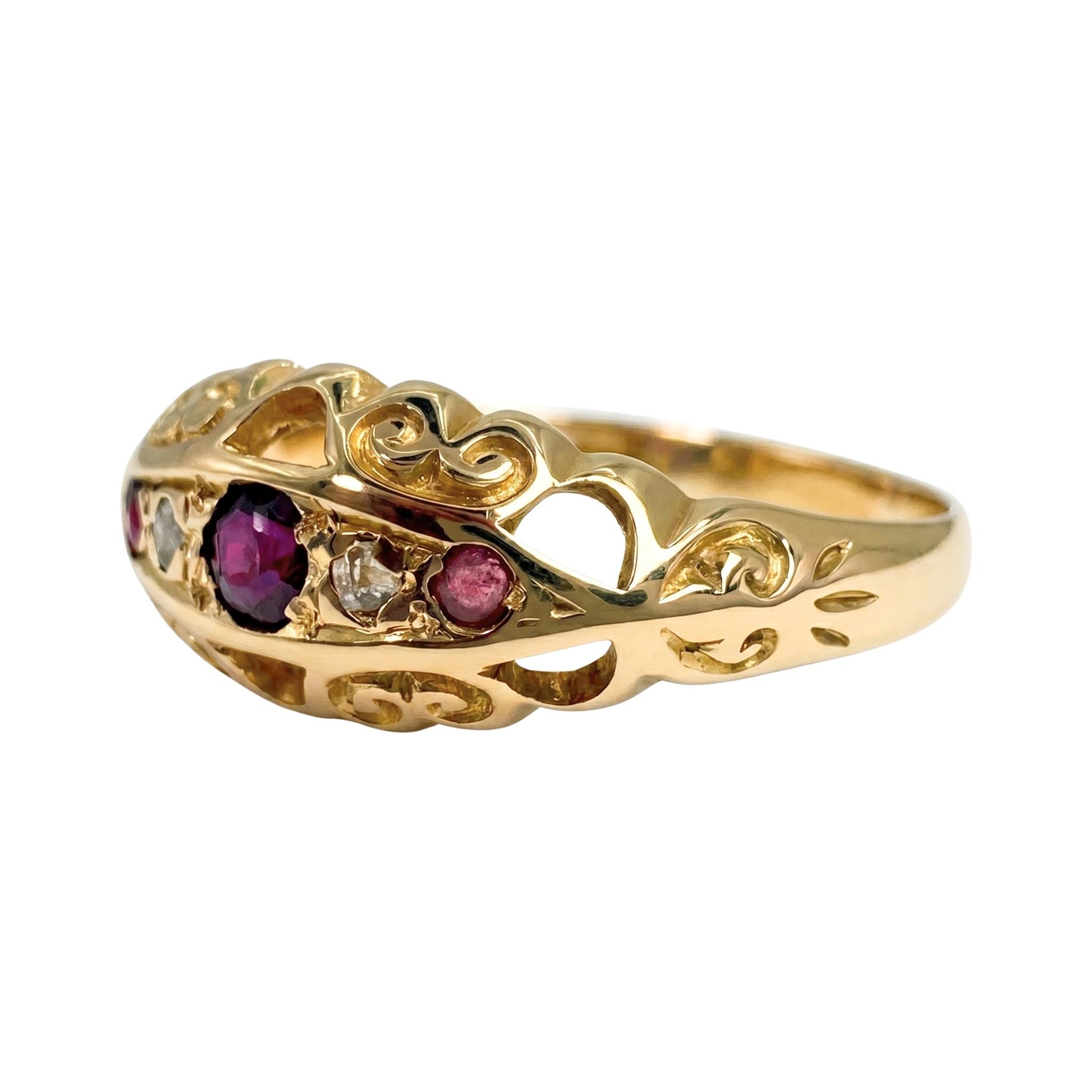 Antique English Ruby Diamond 18k Yellow Gold Boat Ring