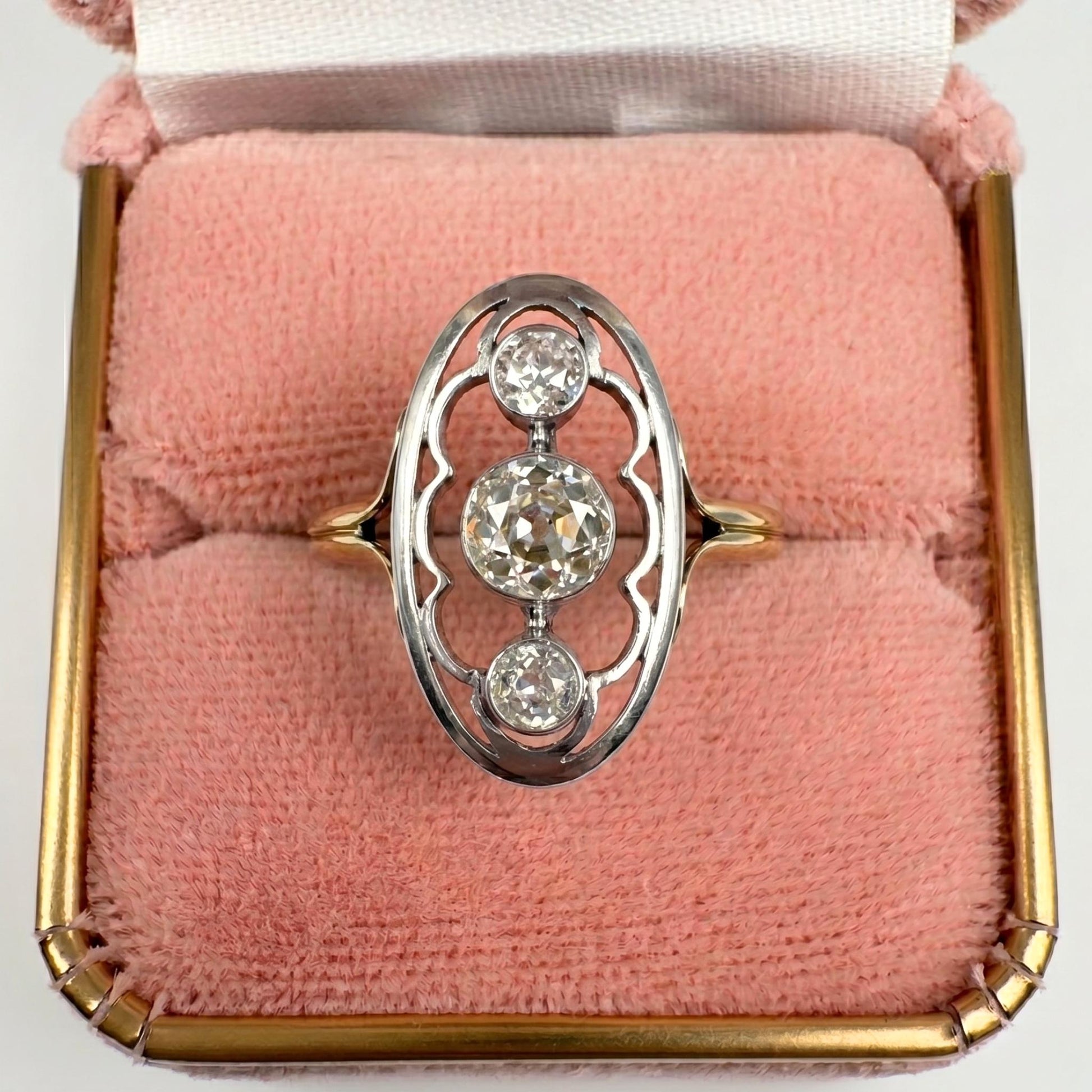 Antique Diamond 18k Platinum Three Stone Dinner Ring