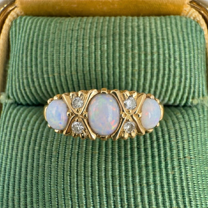 Vintage English Opal Diamond 18k Yellow Gold Ring