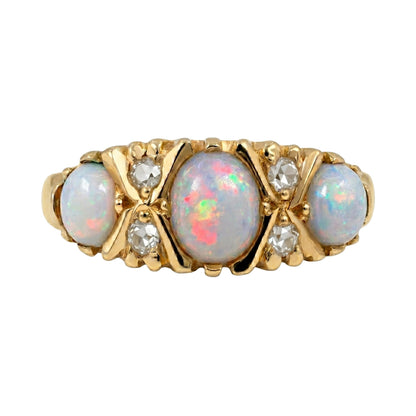 Vintage English Opal Diamond 18k Yellow Gold Ring