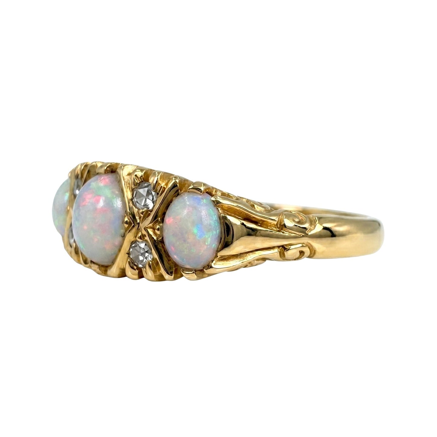 Vintage English Opal Diamond 18k Yellow Gold Ring