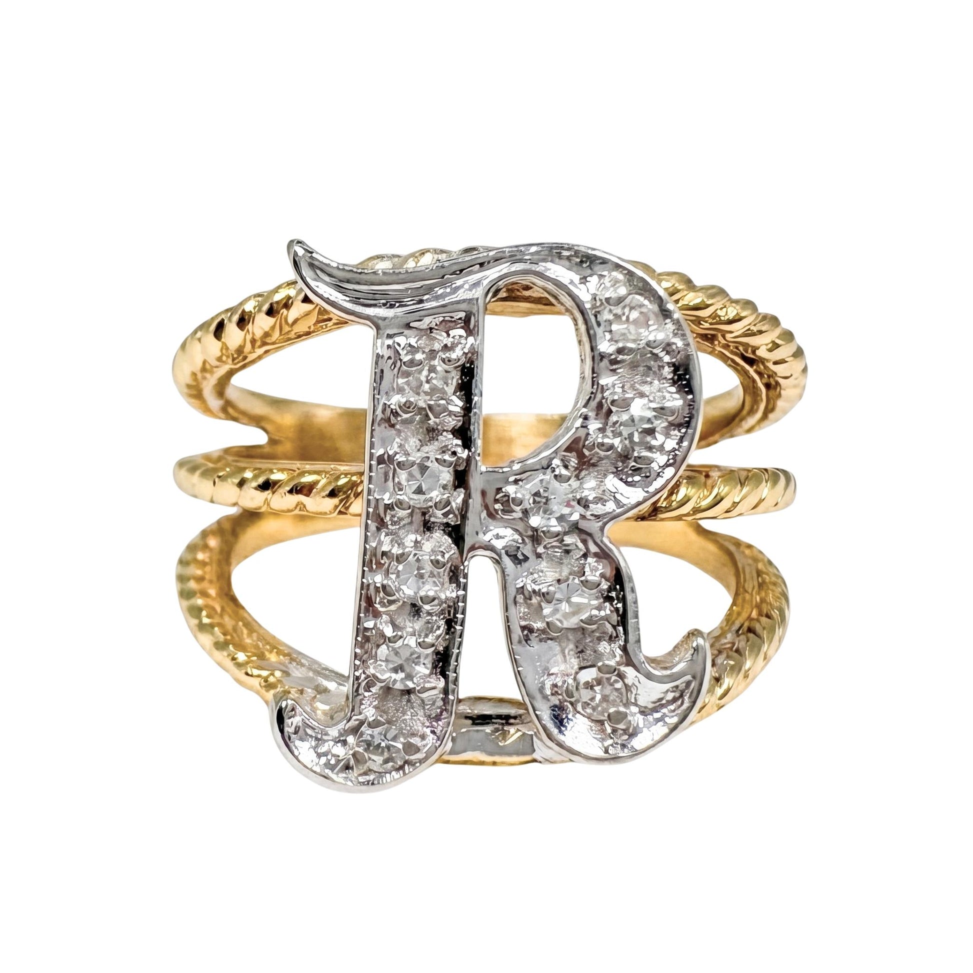 Vintage Diamond 14k Gold R Initial Ring