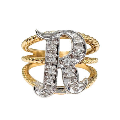 Vintage Diamond 14k Gold R Initial Ring