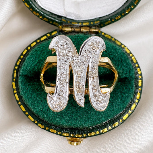 Vintage Diamond 14k Gold M Initial Ring