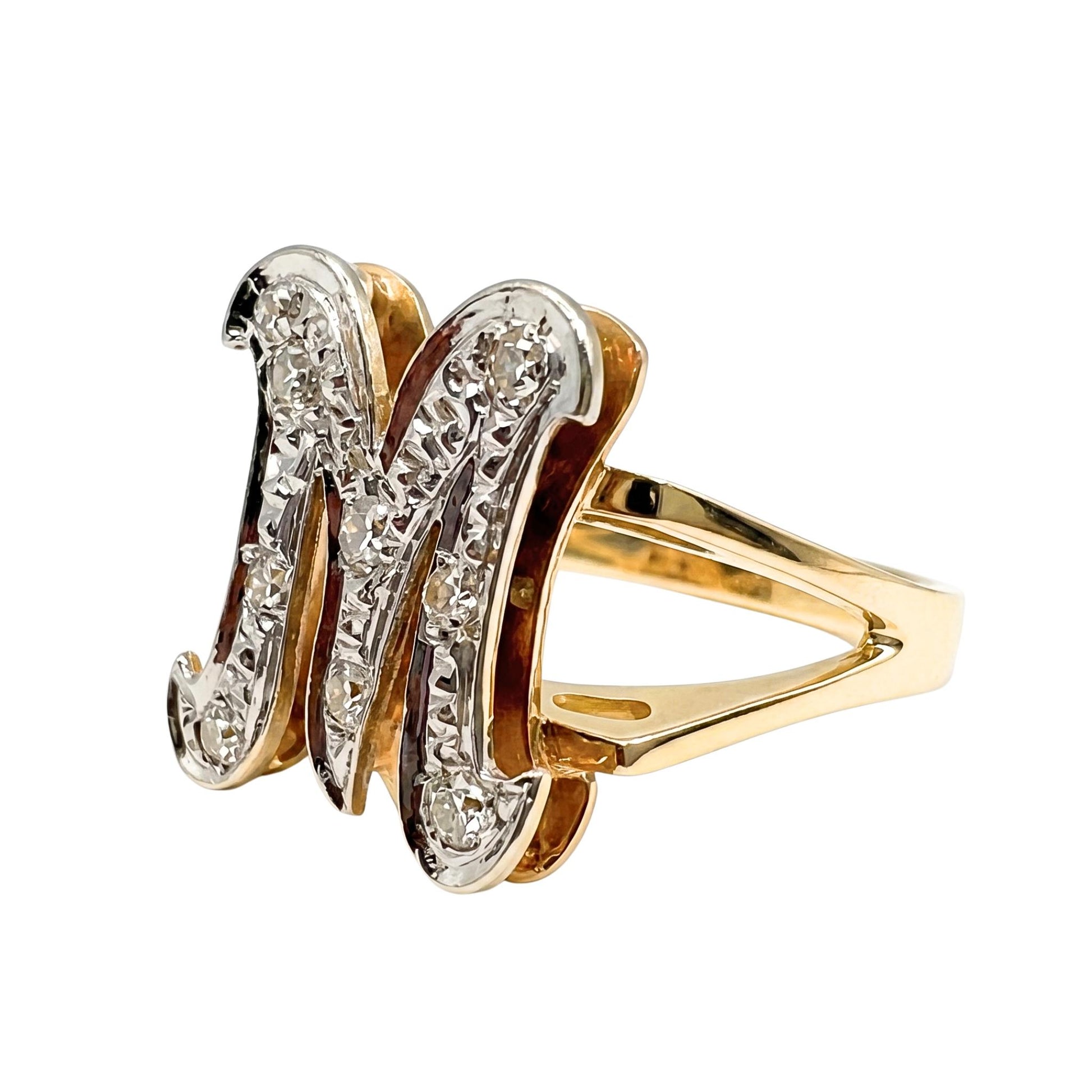 Vintage Diamond 14k Gold M Initial Ring