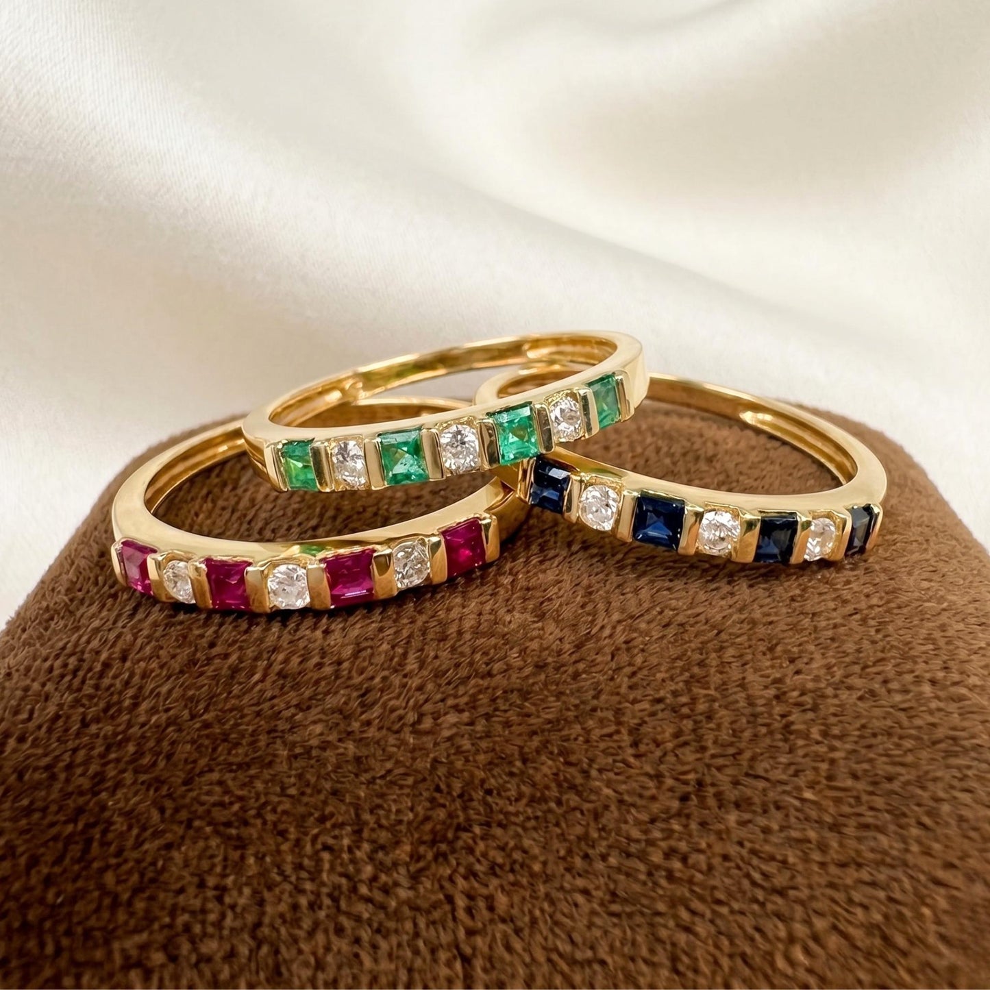Vintage Gemstone Diamond 14k Yellow Gold Band Trio