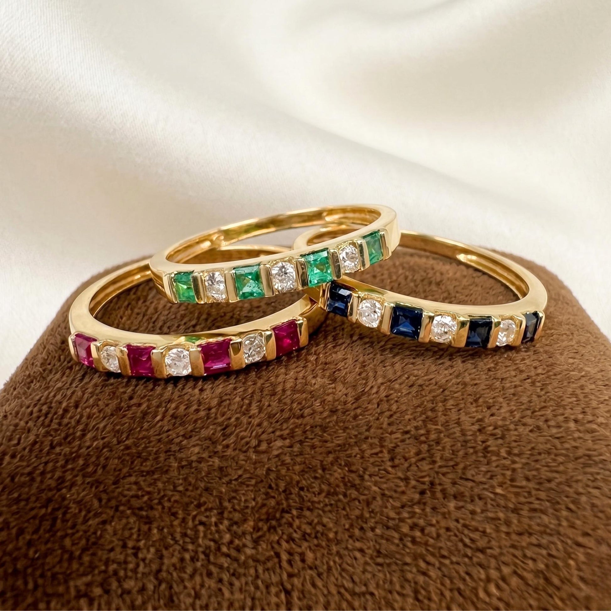 Vintage Gemstone Diamond 14k Yellow Gold Band Trio