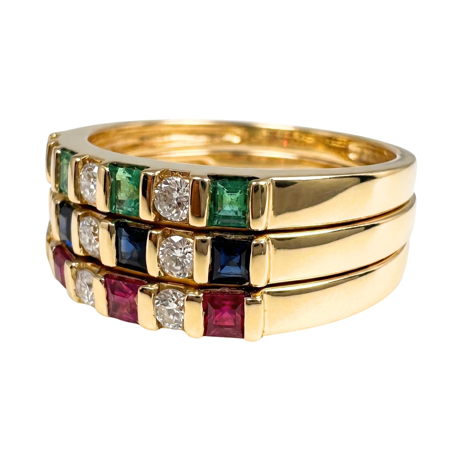 Vintage Gemstone Diamond 14k Yellow Gold Band Trio