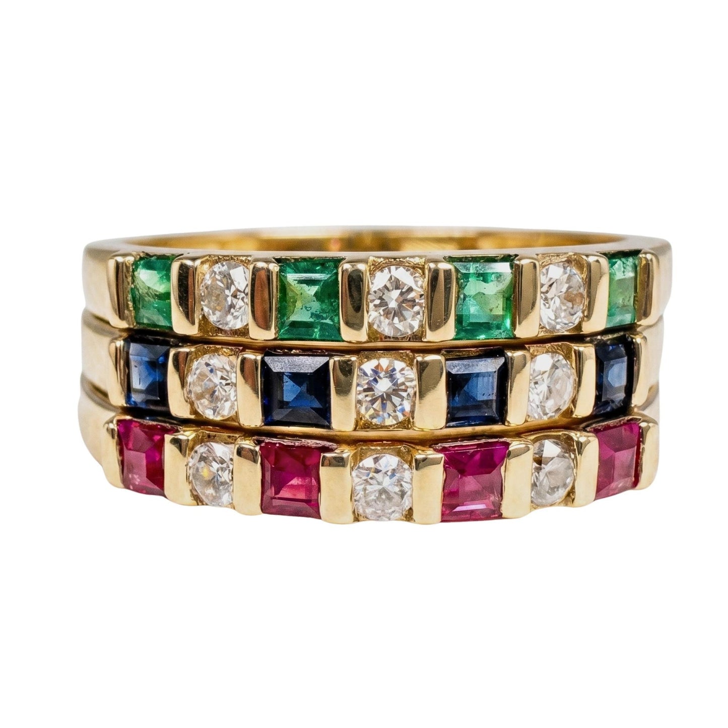 Vintage Gemstone Diamond 14k Yellow Gold Band Trio