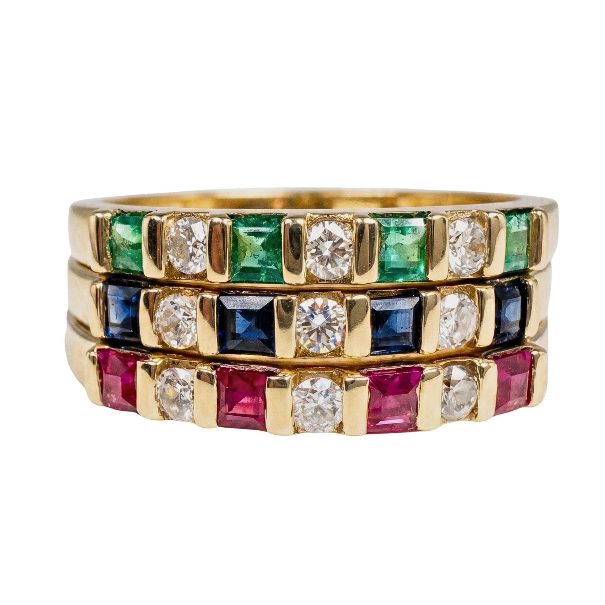 Vintage Gemstone Diamond 14k Yellow Gold Band Trio