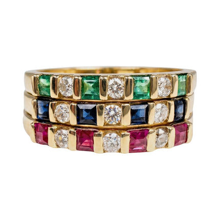 Vintage Gemstone Diamond 14k Yellow Gold Band Trio