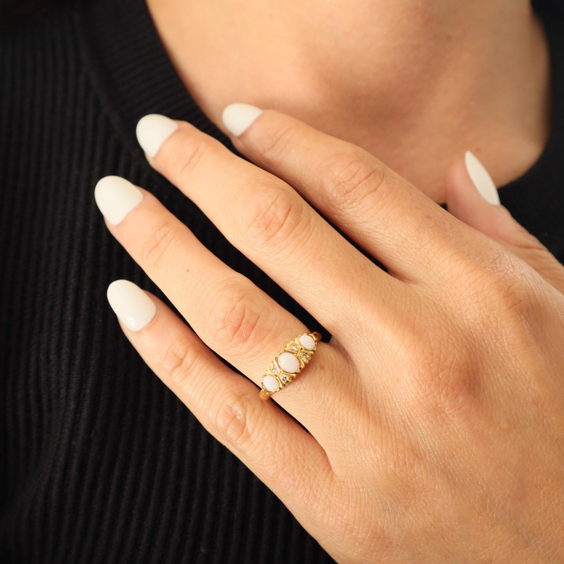 Vintage English Opal Diamond 18k Yellow Gold Ring