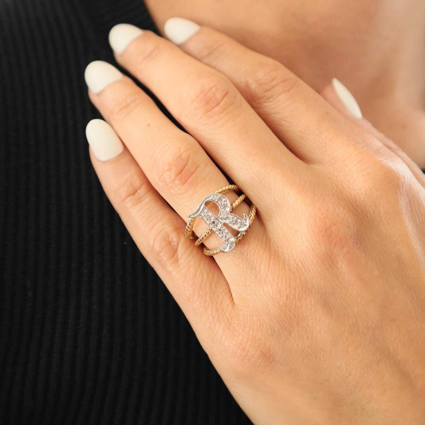 Vintage Diamond 14k Gold R Initial Ring