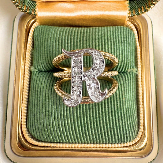 Vintage Diamond 14k Gold R Initial Ring