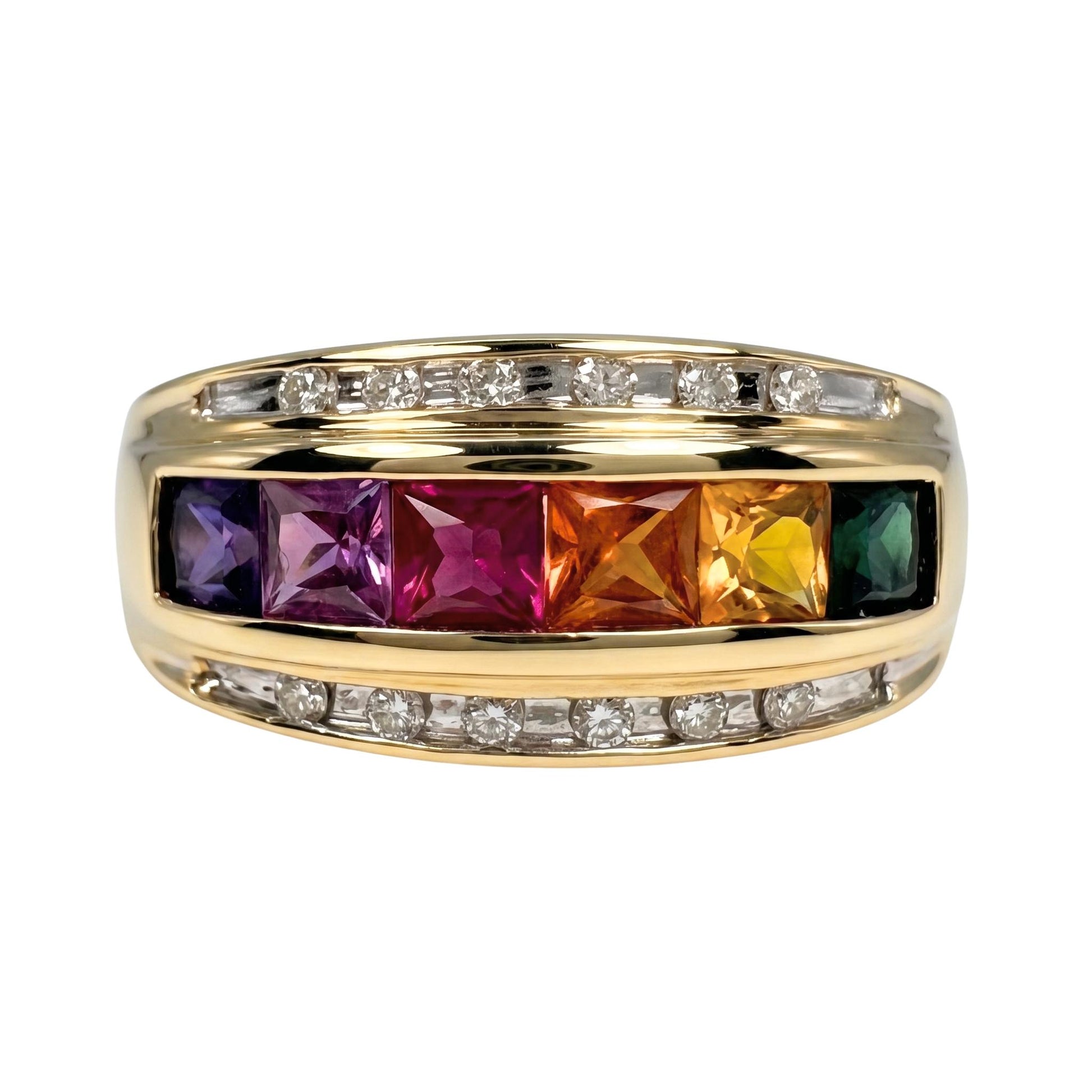Vintage Rainbow Synthetic Sapphire 10k Yellow Gold Band Ring