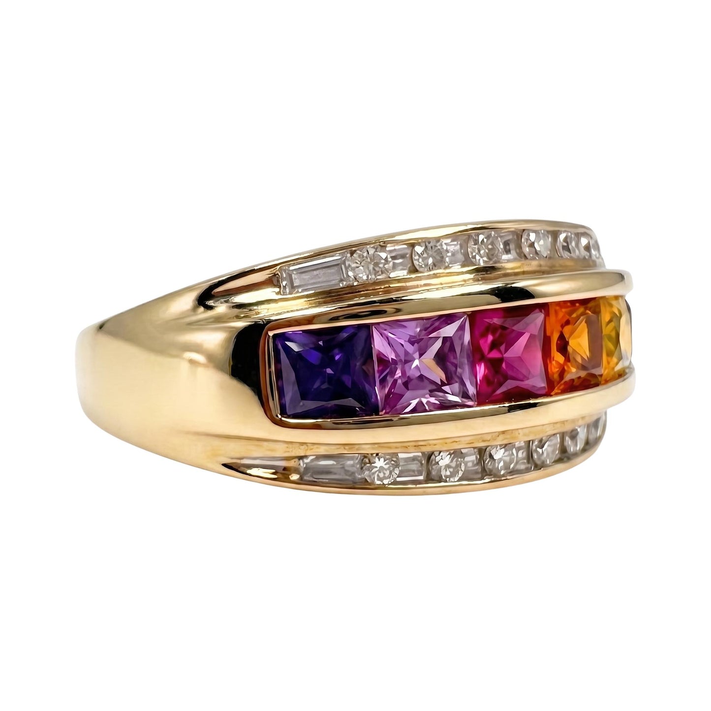 Vintage Rainbow Synthetic Sapphire 10k Yellow Gold Band Ring