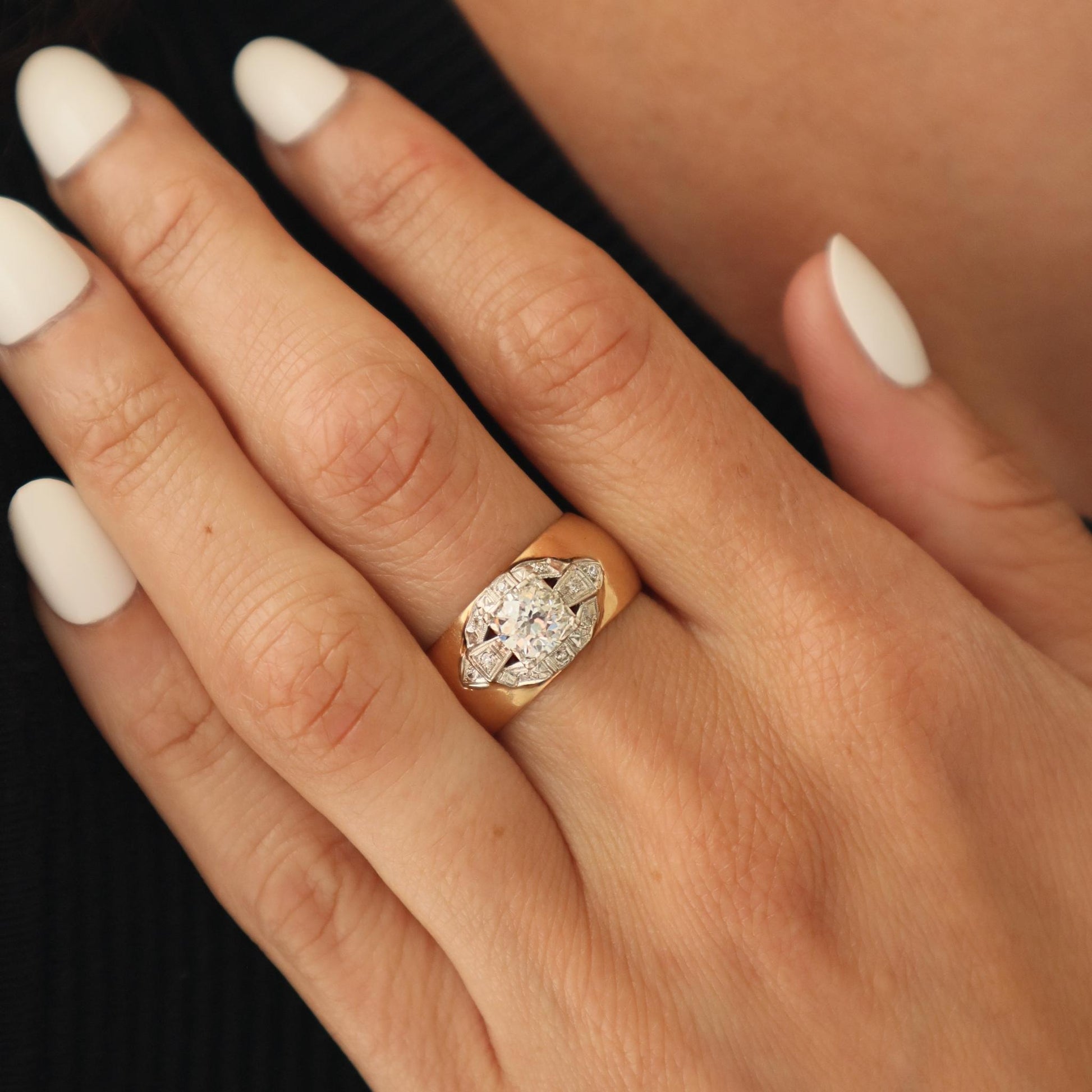 Art Deco Diamond 14k Gold Platinum Cigar Band Ring
