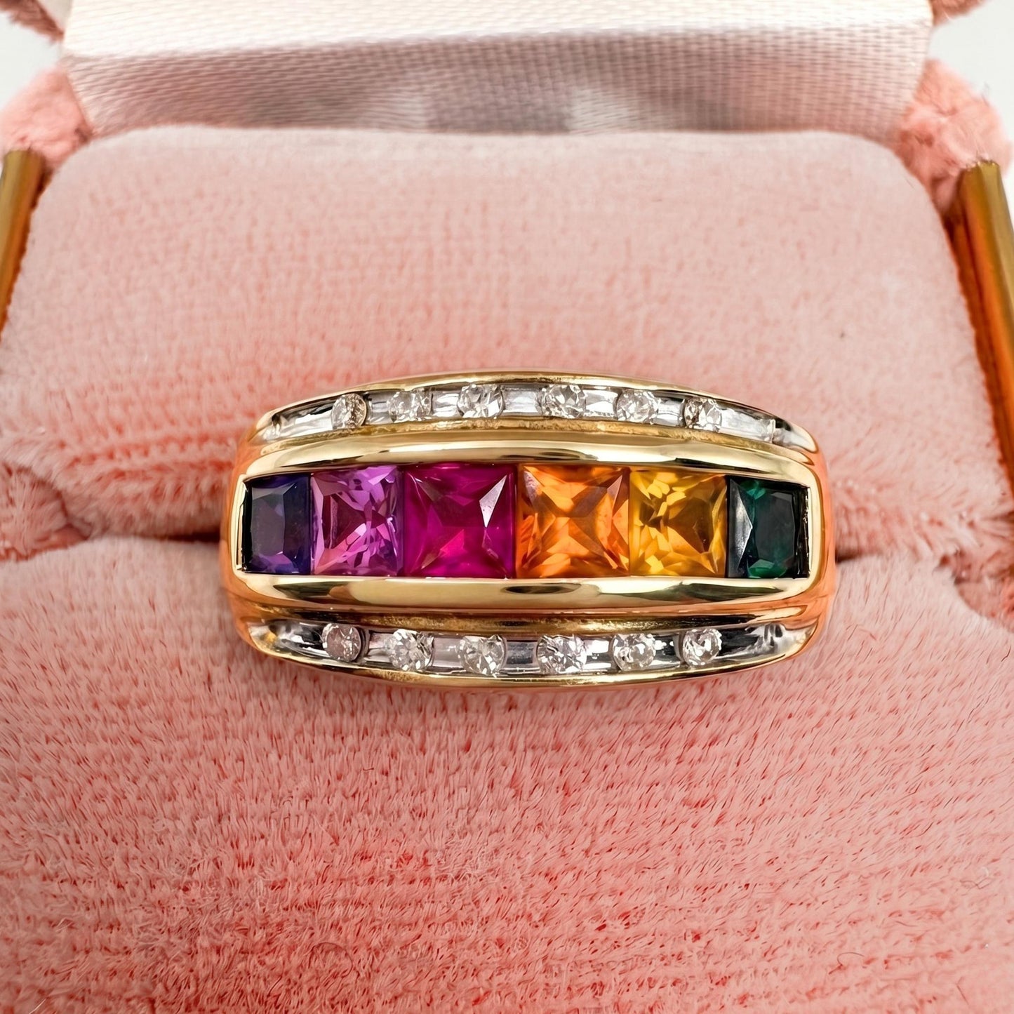 Vintage Rainbow Synthetic Sapphire 10k Yellow Gold Band Ring