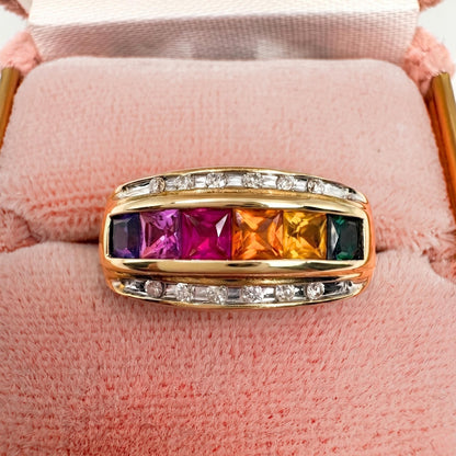 Vintage Rainbow Synthetic Sapphire 10k Yellow Gold Band Ring