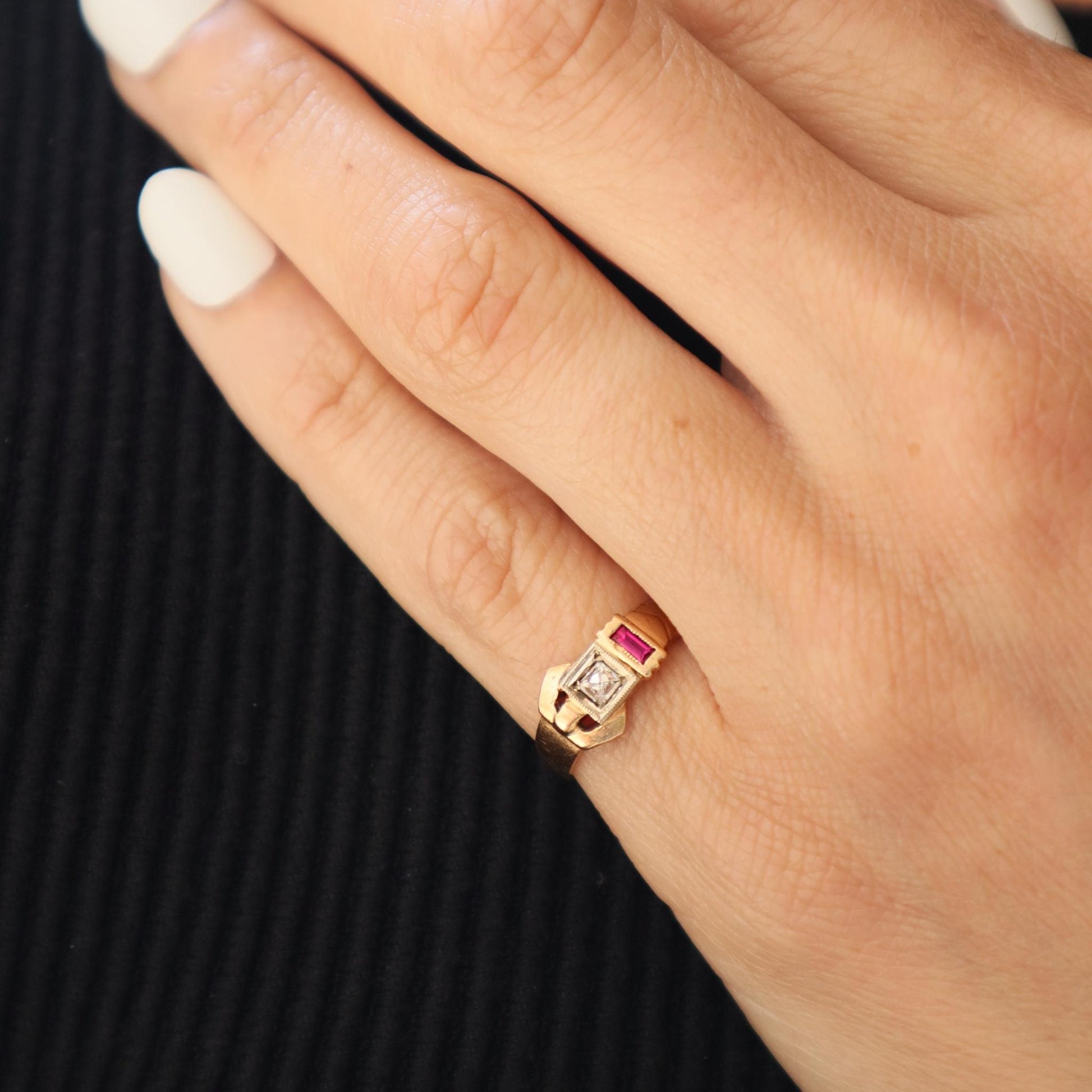 Retro Diamond Synthetic Ruby 14k Yellow Gold Buckle Ring