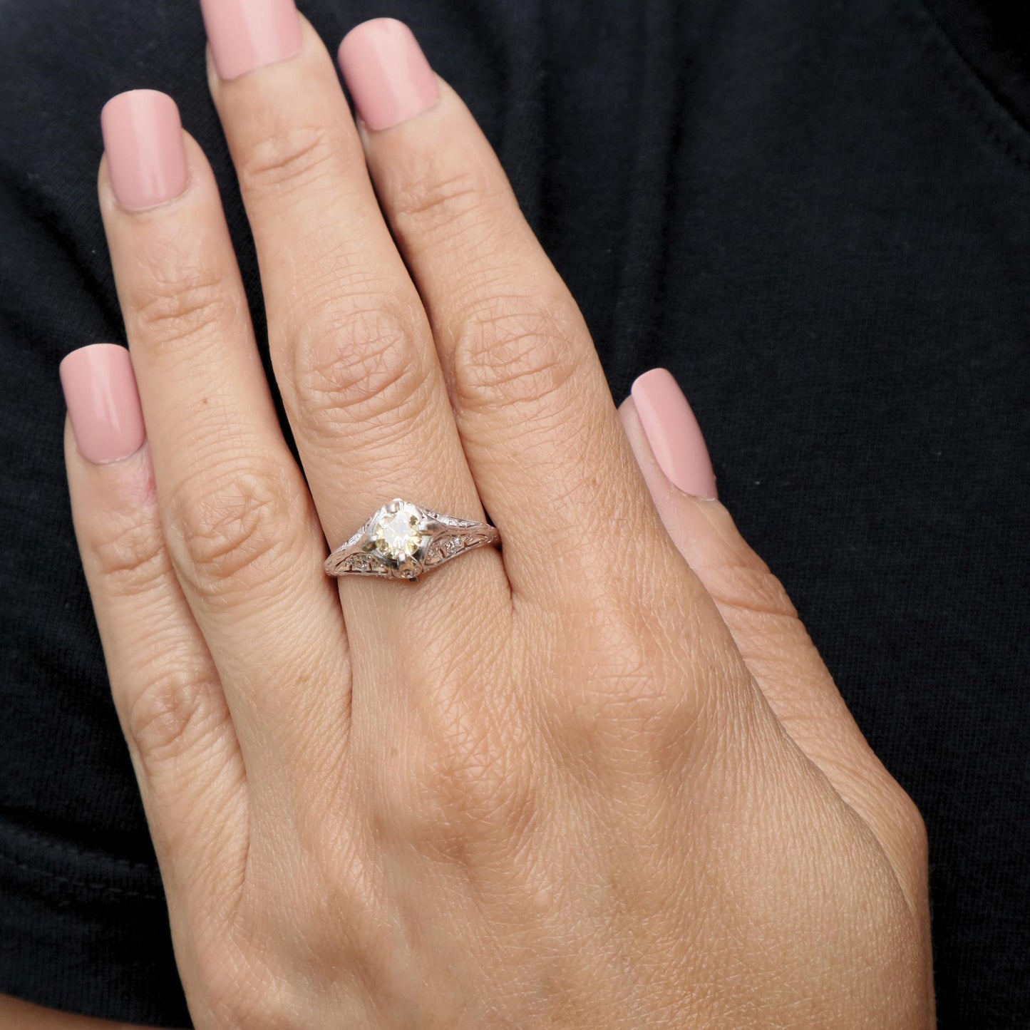 Art Deco Fancy Light Yellow Diamond Platinum Ring