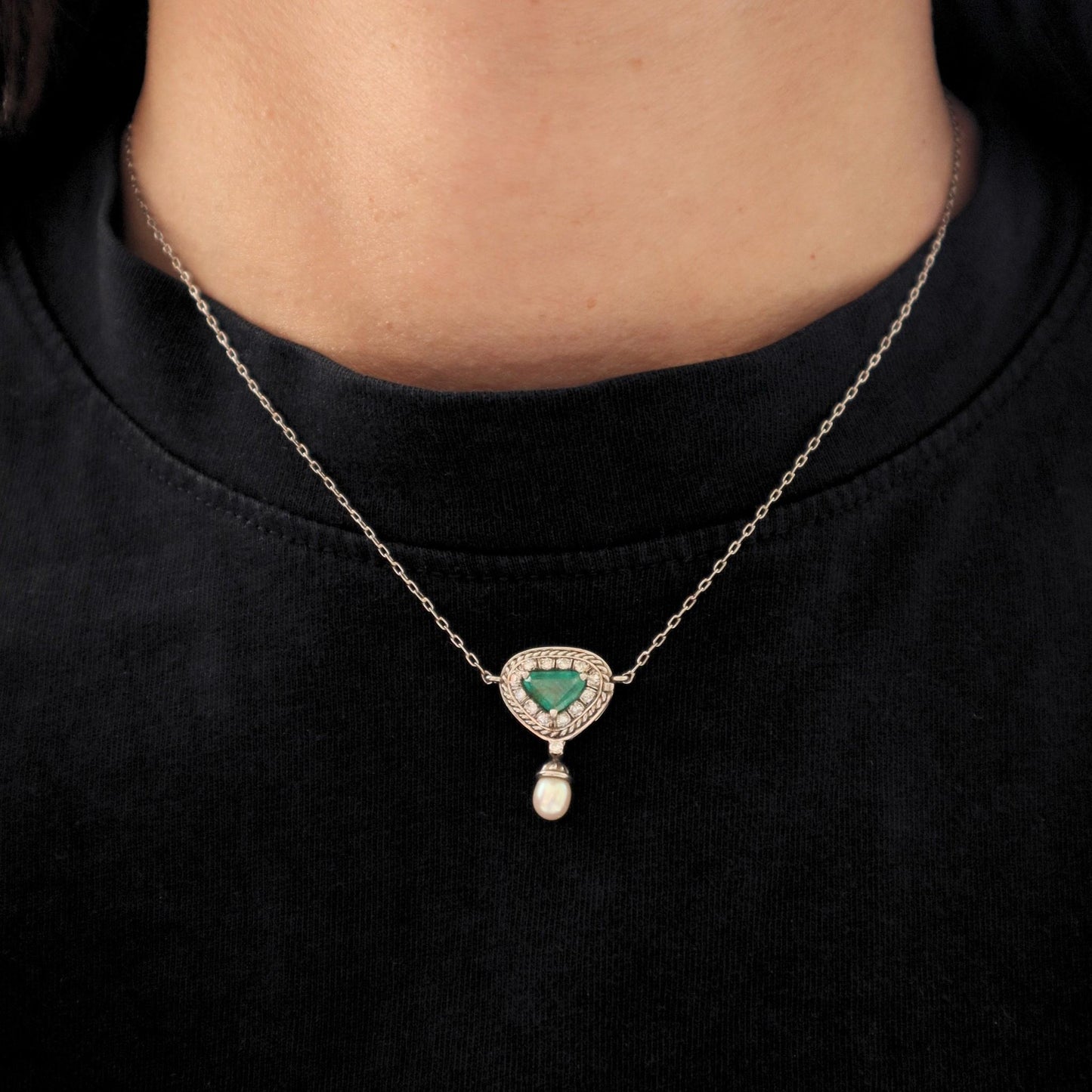 Mid Century Emerald Diamond Platinum Pendant Necklace
