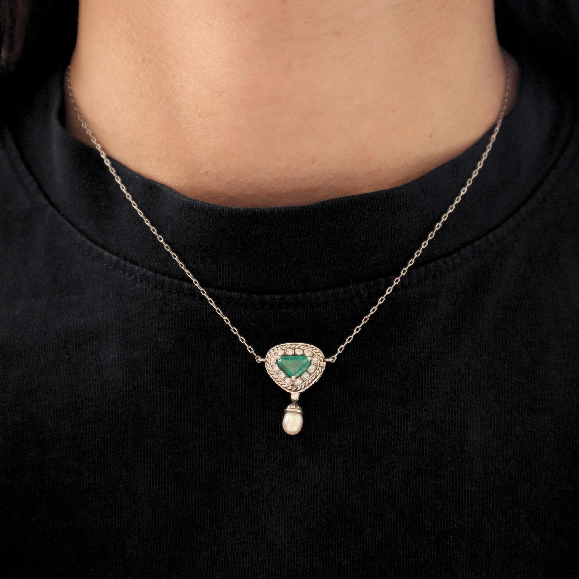Mid Century Emerald Diamond Platinum Pendant Necklace