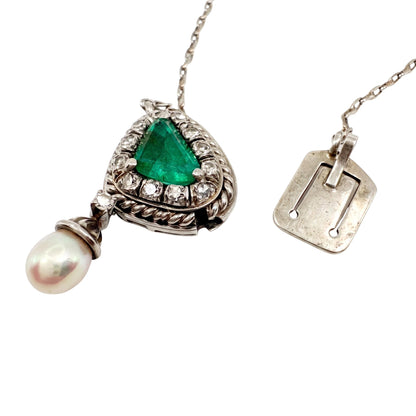 Mid Century Emerald Diamond Platinum Pendant Necklace
