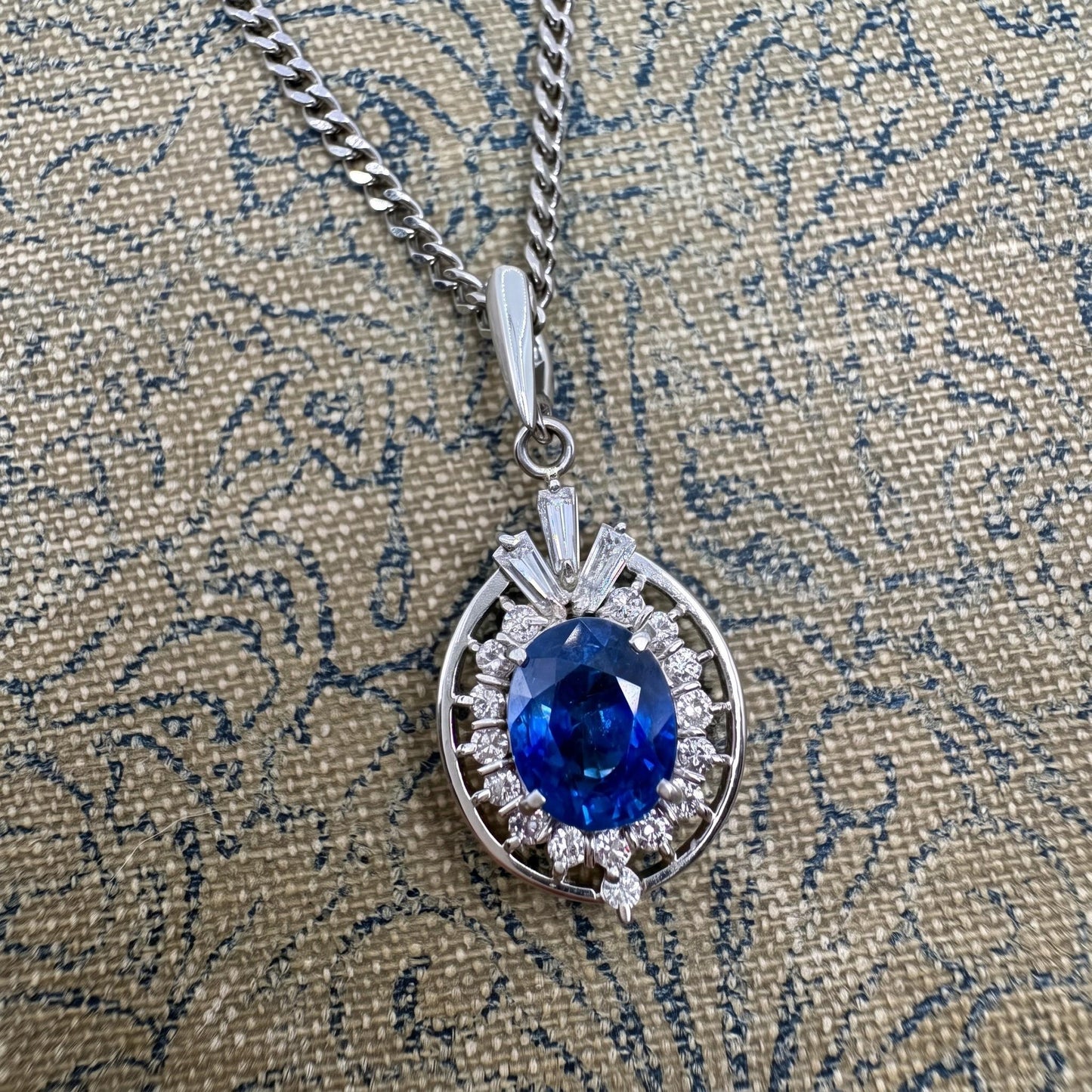 Vintage Sapphire Diamond Platinum Pendant Necklace