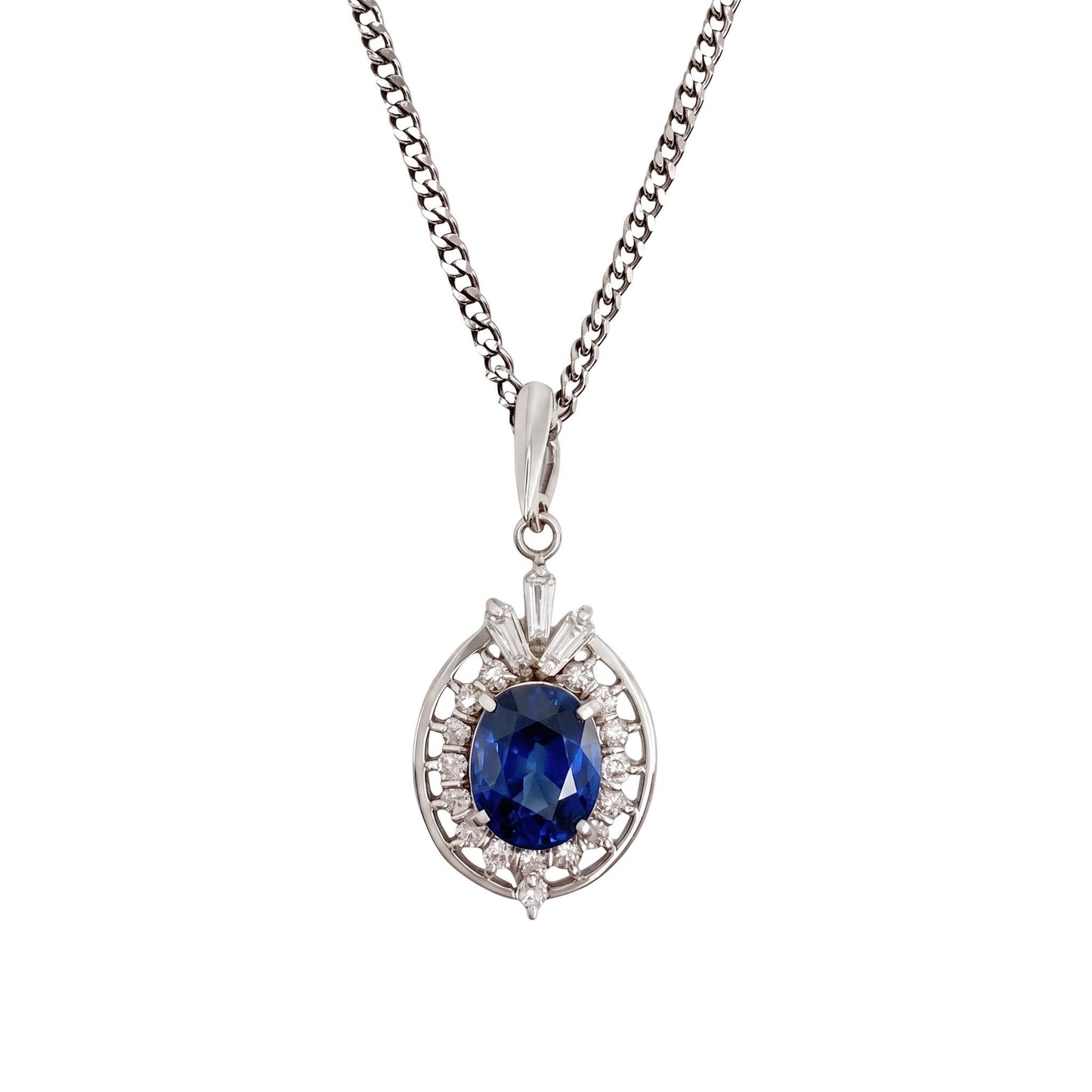Vintage Sapphire Diamond Platinum Pendant Necklace